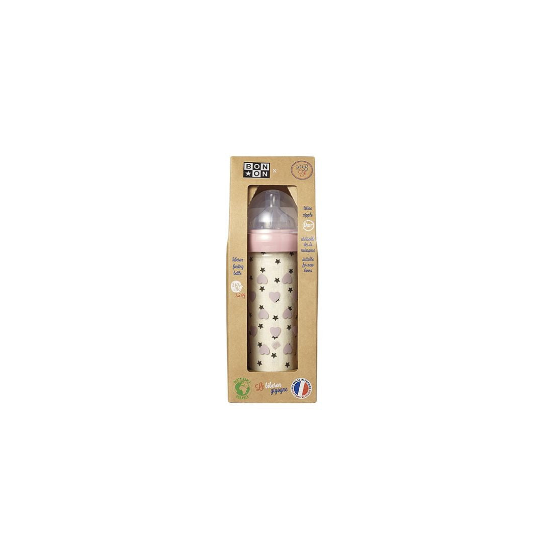 Biberon coeurs roses emballé
