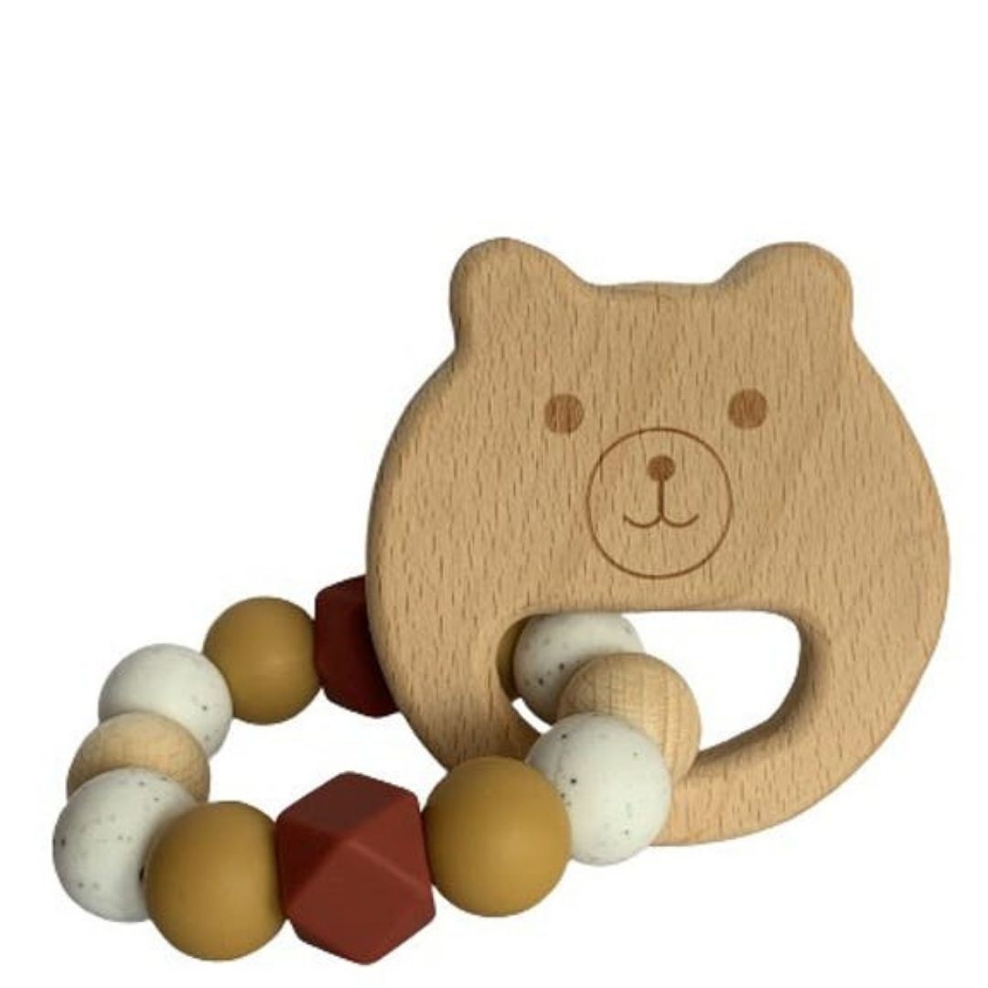 Hochet en bois Ours terracotta - Jeu d’éveil pour bébé - Mawen Materne