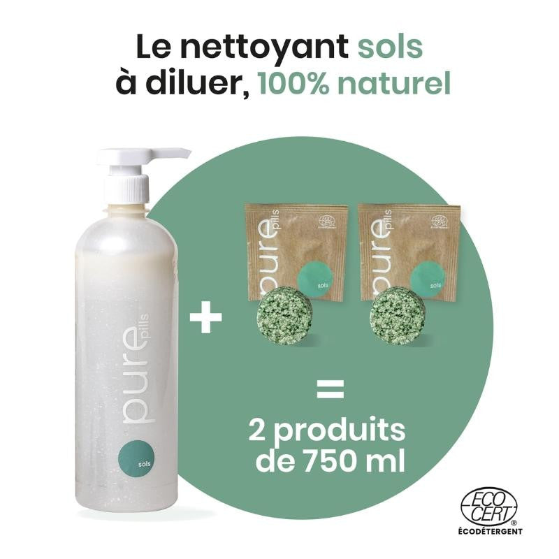 Nettoyant Sols naturel - Bouteille végétale et deux recharges sans perturbateurs endocriniens, sans cancérogènes ni mutagènes.