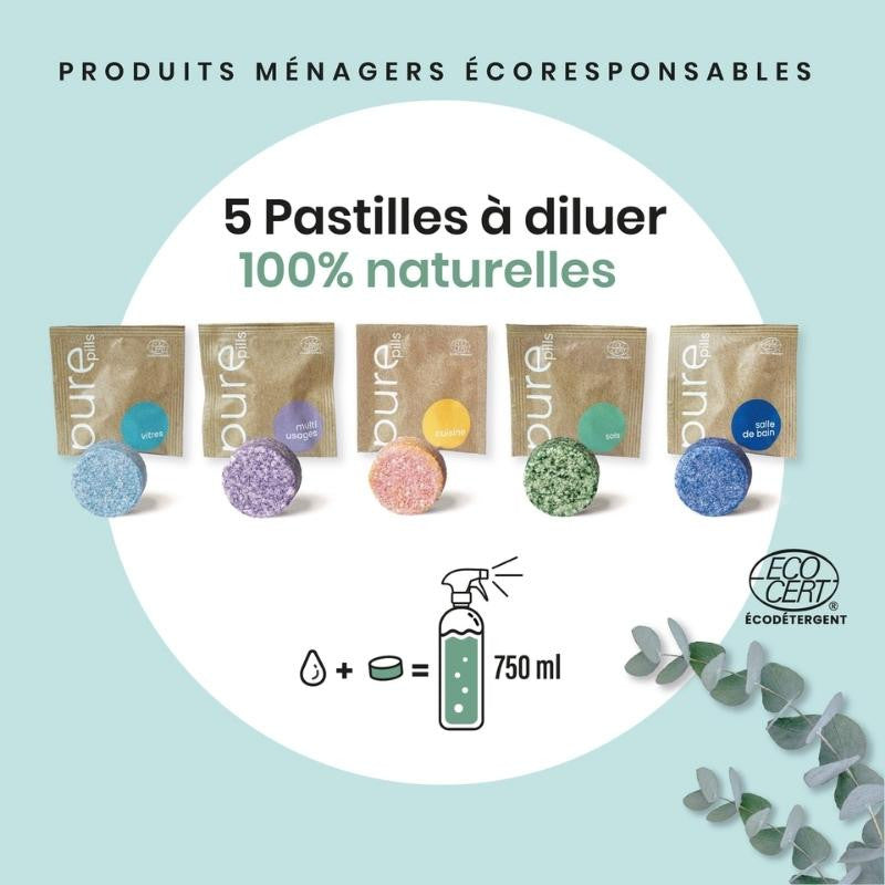 Pack contenant 1 recharge de chaque nettoyant, soit un total de 5 pastilles 100% naturelles et vegan.