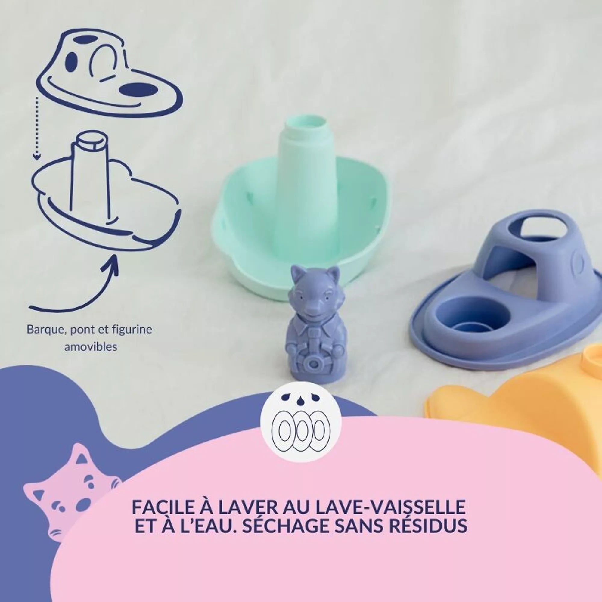 Jouet de Bain, Bateau 2 en 1 et Figurine, Plastique Recyclé, Cadeau Noël, Enfants 1 An