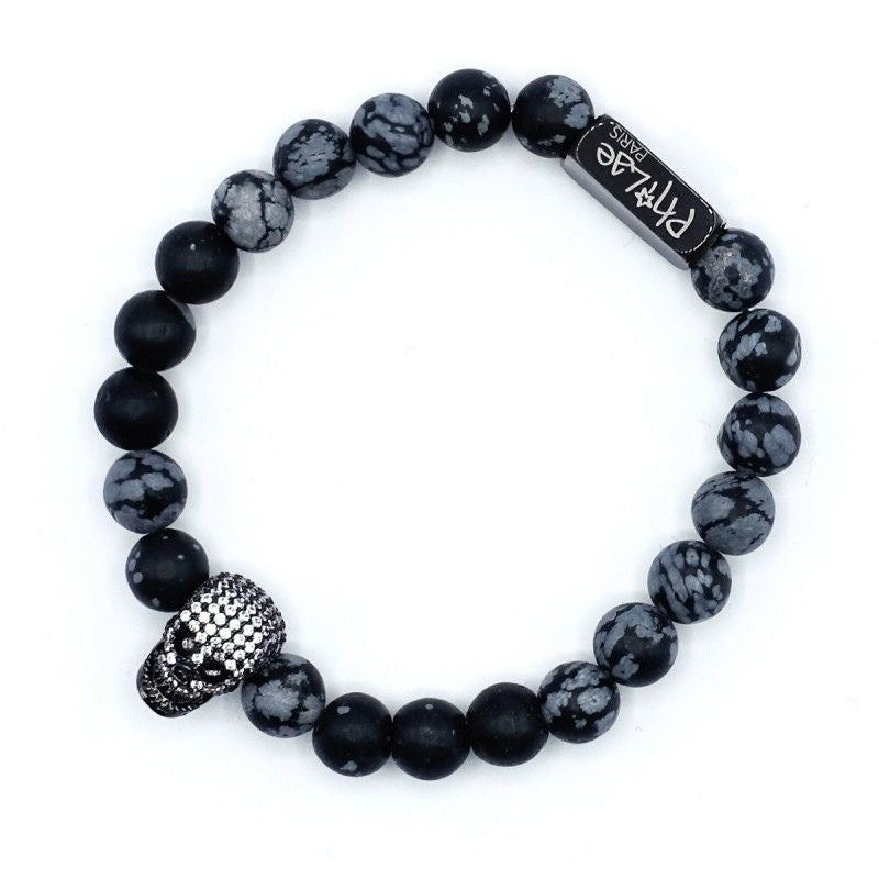 Bracelet Lucky homme obsidienne snowflake et skullhead strass