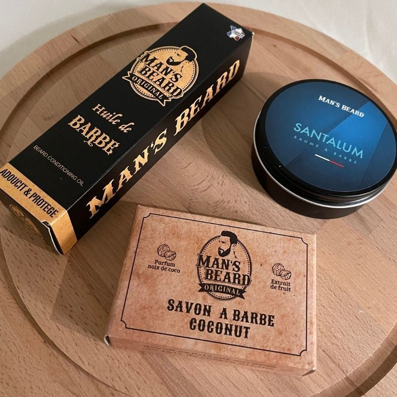 Huile de barbe, savon à barbe, baume à barbe