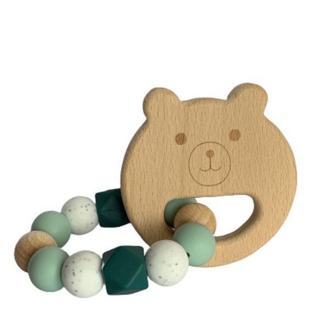 Hochet en bois Ours vert - Jeu d’éveil pour bébé - Mawen Materne